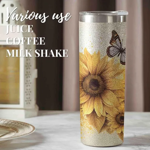 Miniatura 4 de Onebttl Regalos de mariposa de girasol para los amantes del girasol, vasos aislados de acero inoxidable de 20 onzas con tapas y pajitas, regalo