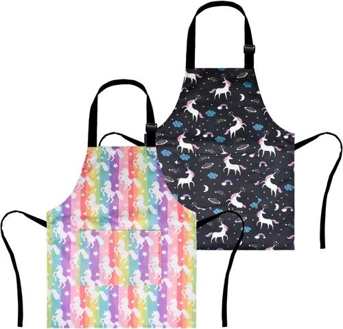 Paquete de 2 delantales de dinosaurio para niños, delantales de unicornio arcoíris para cocinar, pintar, delantal de chef de cocina para niños de 3