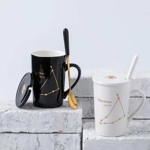 Miniatura 5 de Regalos de cumpleaños de Capricornio para mujeres, taza de café de cerámica de 15 oz con tapa, cuchara y posavasos, tazas de astrología