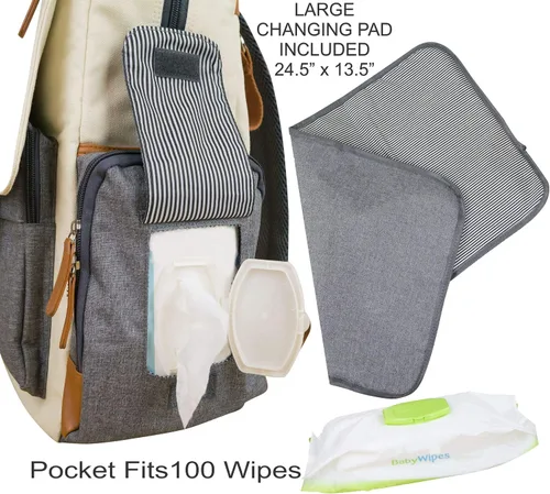 Miniatura 6 de Mochila para pañales con almohadilla para bebé, correas aisladas para cochecito de bebé, dispensador de toallitas acolchadas, bolsas grandes de moda