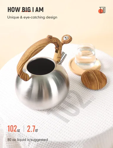 Miniatura 3 de BELANKO Hervidor de té de 2.7 cuartos de galón para estufas, tetera de acero inoxidable de grado alimenticio con silbato fuerte, mango de madera