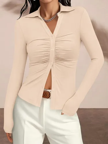 Miniatura 3 de PRETTYGARDEN - Camisas con botones para mujer, cuello en V, cuello abotonado, ajustadas, manga larga, camisa casual, moda de otoño, tops para damas