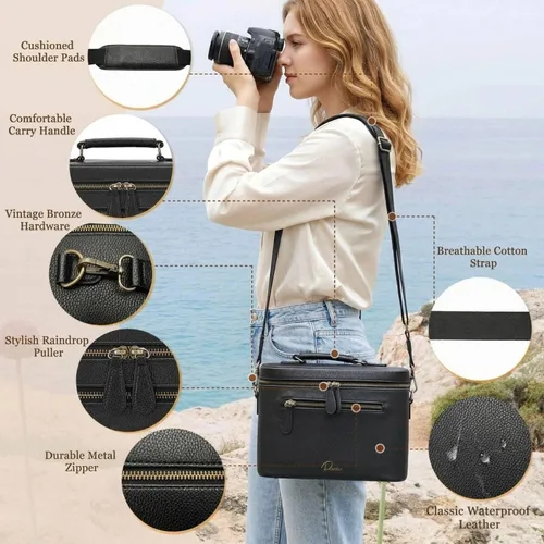 Miniatura 5 de Bolsa de hombro para cámara tipo bandolera, impermeable, de piel sintética, para fotógrafos, pequeña, compatible con Canon Nikon Sony (Negro)