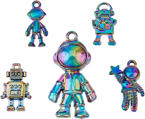 Juego de 2 dijes colgantes de robot espacialista de color arcoíris, de aleación iridiscente, cuentas sueltas coloridas con 3 astronautas, 2 robots