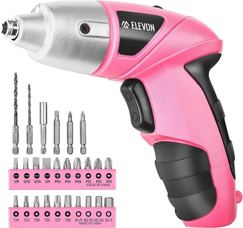 ELEVON Juego de 27 destornilladores eléctricos rosados, destornillador eléctrico inalámbrico con juego de taladro, pistola de tornillo de mano con