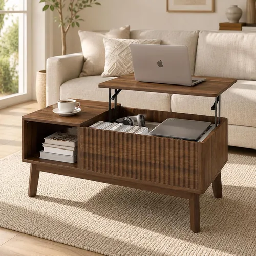 Miniatura 10 de Mesa de centro acanalada con tapa elevable y almacenamiento oculto, mesa de centro ovalada con tapa elevable, diseño moderno de mediados de siglo