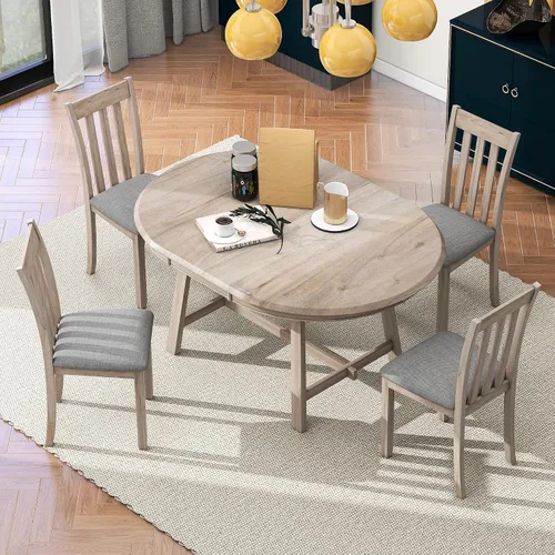 Miniatura 26 de Farmhouse - Juego de mesa de comedor de 5 piezas, mesa de comedor redonda extensible con 4 cómodas sillas tapizadas, juego de muebles funcionales