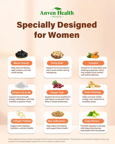 Miniatura 5 de Suplementos de menopausia para mujeres, vitamina D3 y B6, probióticos para aliviar la menopausia que apoyan los sofocos, sudores nocturnos