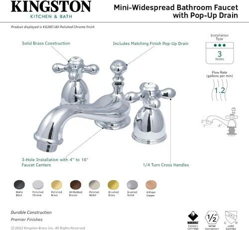 Miniatura 3 de Kingston Brass KS3952AX Restoration Mini grifo de lavabo generalizado con mango cruzado de metal, latón pulido, centro ajustable de 4 pulgadas