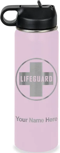 Miniatura 76 de LaserGram Botella de agua personalizada, salvavidas, acero inoxidable de doble pared aislada al vacío con popote superior, regalo grabado Negro