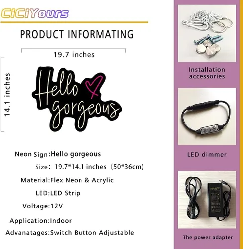 Miniatura 6 de Letreros de neón LED grandes para Hello Gorgeous, luz de boda de 19.7 pulgadas para dormitorio, fiesta de cumpleaños, hogar, bar, letrero de luz