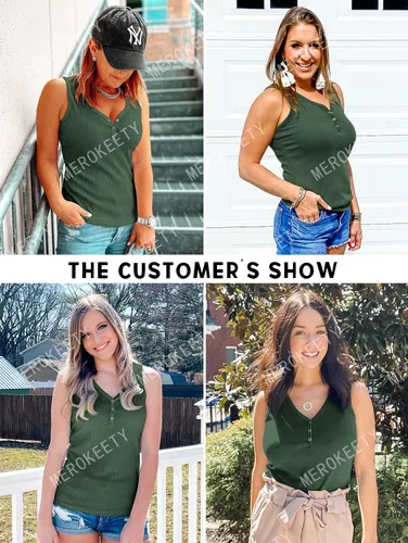 Miniatura 7 de MEROKEETY Camiseta sin mangas con cuello en V para mujer sin mangas acanalada con botones informal Henley