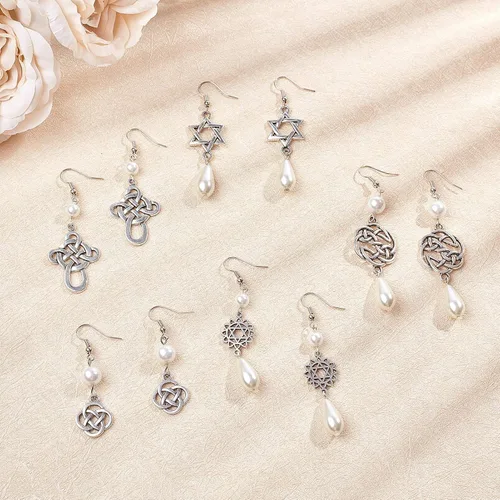 Miniatura 5 de SUNNYCLUE 1 caja de 8 pares de aretes de nudo celta de plata antigua, aretes colgantes de perlas, kit de inicio de fabricación de joyas
