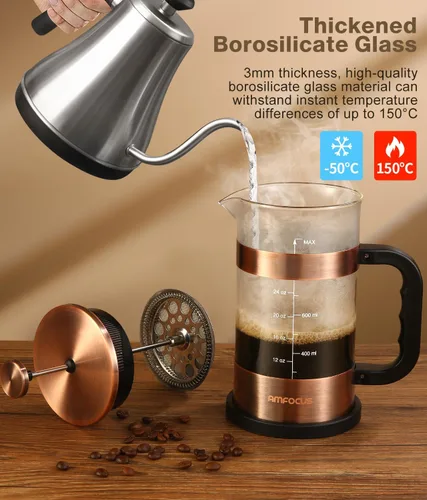 Miniatura 2 de Prensa francesa para café - Cafetera de acero inoxidable clásico de 34 onzas con sistema de filtración de 4 niveles, vidrio de borosilicato Cobre