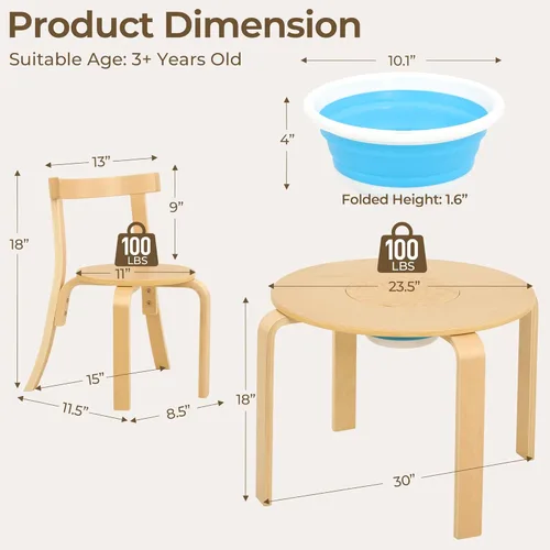 Miniatura 2 de Bateso Juego de mesa redonda y 4 sillas para niños con bañera de almacenamiento, silla de mesa de madera para niños pequeños para arte