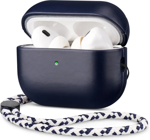 Miniatura 24 de Maogoam Funda de cuero genuino para AirPods Pro 2, botón de sincronización, diseño de clip en D con cordón de mano, funda de cuero encerado