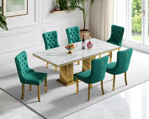Miniatura 88 de Moderno juego de mesa de comedor de mármol sintético de 68.11 pulgadas para 6, mesa de comedor de mármol blanco y plateado con 6 sillas de Blanco