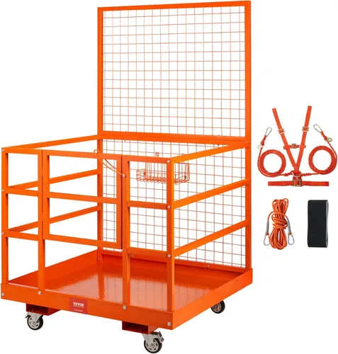 VEVOR Jaula de seguridad para carretilla elevadora, cesta de hombre de 1400 libras de capacidad, plataforma de trabajo de 43 x 45 pulgadas con arnés