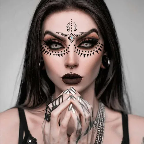 Miniatura 2 de Paquete de 9 calcomanías de maquillaje facial de ojos, impermeables, de encaje negro, tatuaje temporal para mujeres y niñas, Halloween, Navidad