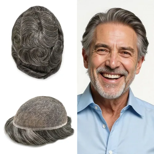 Miniatura 57 de Toupee - Sistema de reemplazo de piezas de cabello humano real, encaje suizo suave frontal para hombre, nudo blanqueado, línea capilar natural