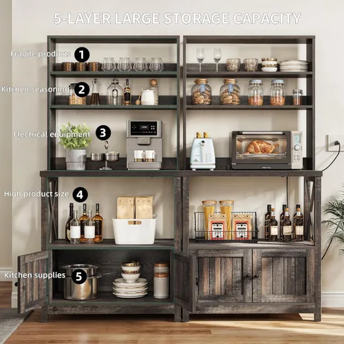 Miniatura 5 de YITAHOME Estante para panaderos con toma de corriente y puerta de gabinete de almacenamiento, soporte alto para microondas de cocina de 5 niveles