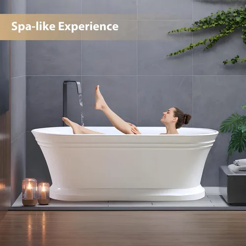 Miniatura 7 de Vanity Art Bañera de acrílico blanca independiente de 59 x 30 pulgadas, moderna bañera de remojo sola con desbordamiento ranurado certificado por