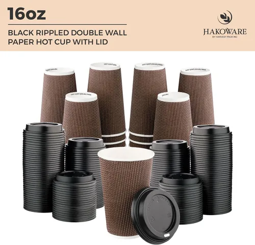 Miniatura 8 de Paquete de 85 tazas de café desechables de 16 onzas, vasos de papel de doble pared con tapas, diseño geométrico marrón, tazas de papel calientes
