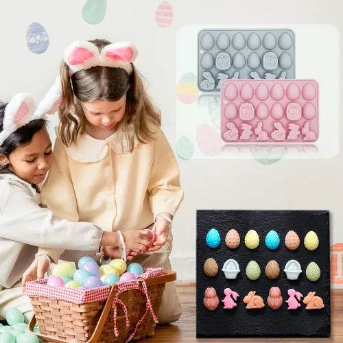 Miniatura 7 de Paquete de 2 moldes de chocolate para gomitas de Pascua, 18 cavidades, huevo, conejo, dulces, bandeja para hornear pastel de chocolate, postre