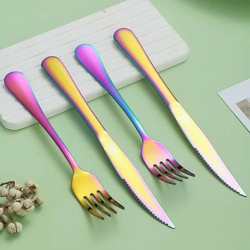 Miniatura 7 de Evanda Rainbow - Juego de cuchillos para carne, 12 piezas, acero inoxidable chapado en titanio arcoíris, 6 tenedores y 6 cuchillos de cena