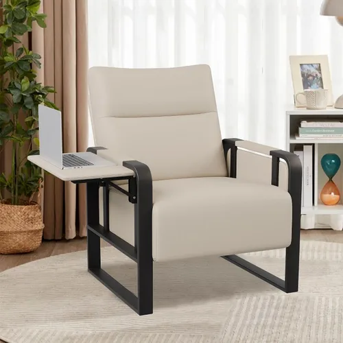Miniatura 4 de Silla de Acento Moderna Tapizada en Cuero PU Sillón con Mesa de Bandeja para Dormitorio Sala de Estar Sillas Silla de Oficina Beige
