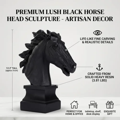 Miniatura 2 de Estatua de cabeza de caballo negra de 12 pulgadas de alto, escultura de caballos para decoración del hogar, resina grande, pintada a mano, animal