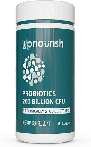 UpNourish Probióticos - 200 mil millones de UFC para hombres y mujeres, 15 cepas, prebióticos y enzimas clínicamente estudiadas - 60 cápsulas veganas