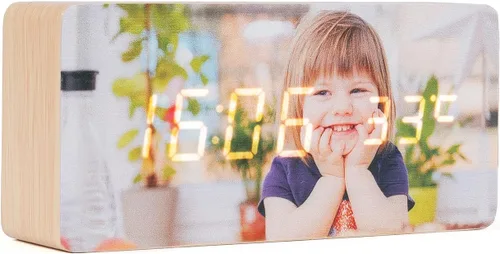 Miniatura 9 de Reloj despertador digital LED personalizado con foto grabada, pantalla de madera, humedad y temperatura, decoración moderna para dormitorio, hogar