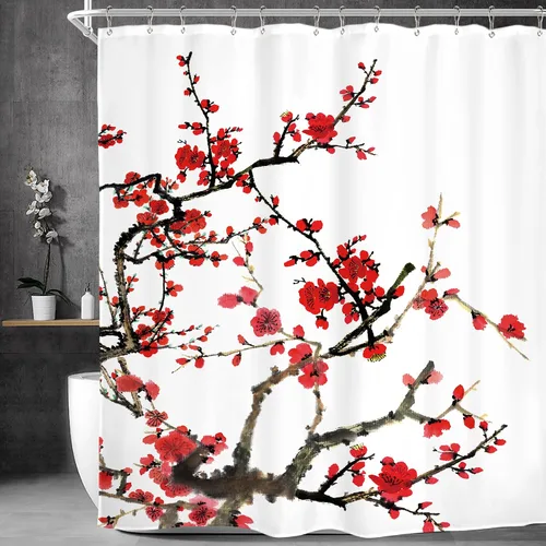 Cortina de ducha floral roja para baño, 60 pulgadas de ancho x 72 pulgadas de largo, flor de cerezo, ciruela, estética asiática, japonesa, acuarela,