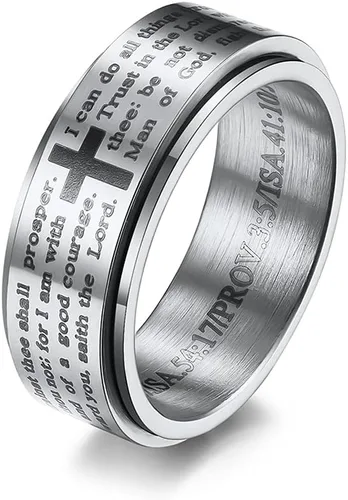 Anillo inspirador de versículos de la Biblia giratorio, cruz y crucifijo de fe, anillo grueso para hombres y niños, de acero inoxidable,