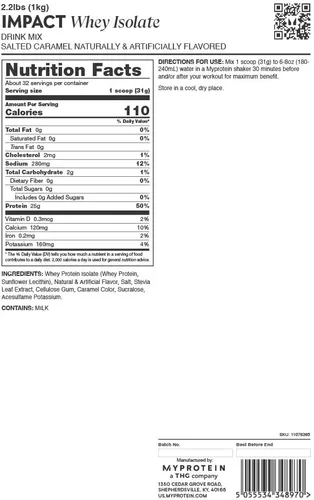 Miniatura 9 de Myprotein Impact - Aislado de proteína de suero de leche, 2.2 libras (40 porciones) de caramelo salado, 0.88 oz de proteína y 0.18 oz de BCAA por
