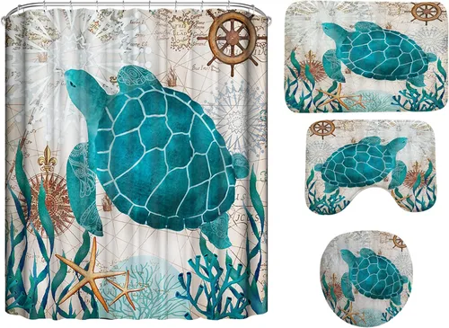 Miniatura 3 de Cortina de ducha de tortuga marina, juego de cortinas de ducha de océano azul, divertidas cortinas de ducha con 12 ganchos, cortinas de tela
