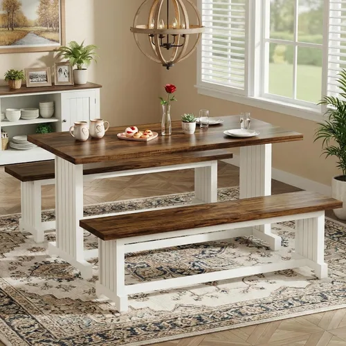 Miniatura 2 de Tribesigns Juego de mesa de comedor de 47 pulgadas para 4, mesa de cocina de 3 piezas con 2 bancos, muebles de cena de madera de granja