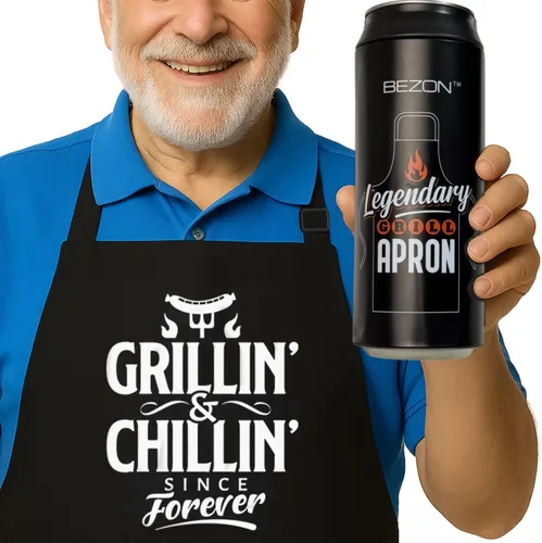 Miniatura 18 de BEZON Delantal de parrilla divertido para hombres – Envase de regalo de lata de cerveza – Divertido regalo de barbacoa para papá, esposo o amigo