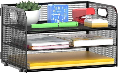 Miniatura 8 de MINDEPOT Bandeja organizadora de cartas de papel de 3 niveles con asa, organizador de archivos de escritorio de malla para oficina, hogar, escuela