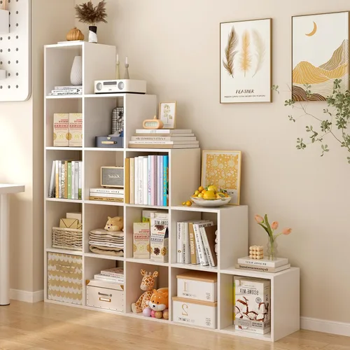 Miniatura 9 de OSCHF Estantería de almacenamiento en forma de cubo escalera, estante esquinero de 5 niveles en forma de L, organizador reversible de 15 cubos
