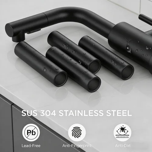 Miniatura 5 de Grifo de fregadero de barra de cocina de bajo perfil negro mate, cabezal rociador extraíble de una sola manija, grifo de preparación de agua