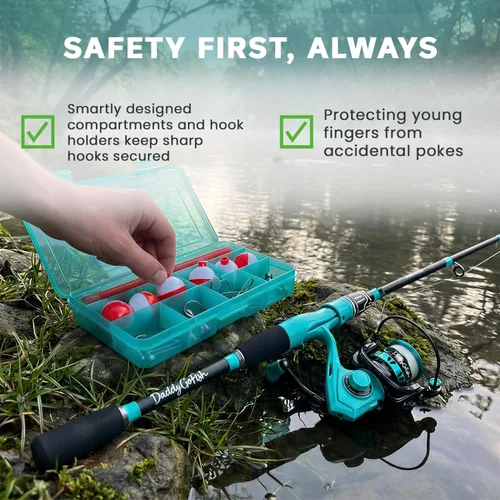 Miniatura 5 de DaddyGoFish Juego combinado de caña de pescar y carrete giratorio con caja de aparejos Caña de pescar para niños Kit de caña de pescar Menta