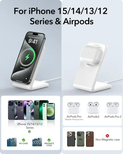 Miniatura 5 de Paquete de 2 soportes de carga compatibles con MagSafe con bloque de cargador USB C de 20 W y cable USB C x2, cargador inalámbrico de carga rápida