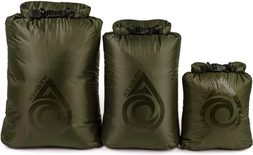 Set de Bolsas Secas AquaQuest Rogue – 10 + 20 + 30L Verde Oliva – 100% Impermeable con Tapa Enrollable – Tapa Enrollable Impermeable Juego de 3