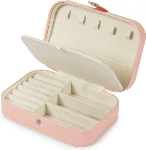 Miniatura 7 de XZUZ Joyero de viaje, organizador de joyas pequeño de piel sintética para niñas y mujeres, mini estuche de viaje portátil de doble capa para guardar