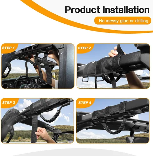 Miniatura 5 de Hoolcar 4 asas de agarre de barra antivuelco, asas de agarre de paracaídas compatibles con Jeep Wrangler YJ TJ JK JKU JL JLU y Gladiator JT Negro