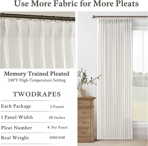 Miniatura 5 de TWODRAPES Cortinas de Lino Plisadas con Pinza Beige Blancas de 54 Pulgadas de Largo 2 Paneles para Comedor Cocina Dormitorio Plisadas Semi