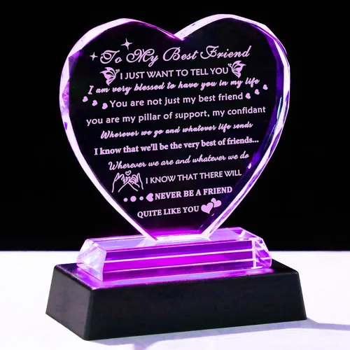 YWHL Regalos de cumpleaños para mejor amiga con base LED, regalo de mejor amiga para mujeres, corazón de cristal, amistad, regalos BFF para mujeres,