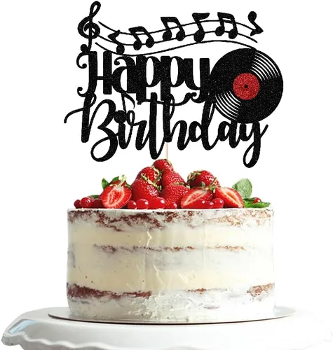Disco de vinilo con purpurina negra para decoración de pastel de cumpleaños, disco de vinilo retro rock and roll, decoración de pastel de música CD 3